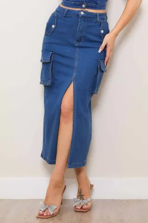 Denim Cargo Column Skirt