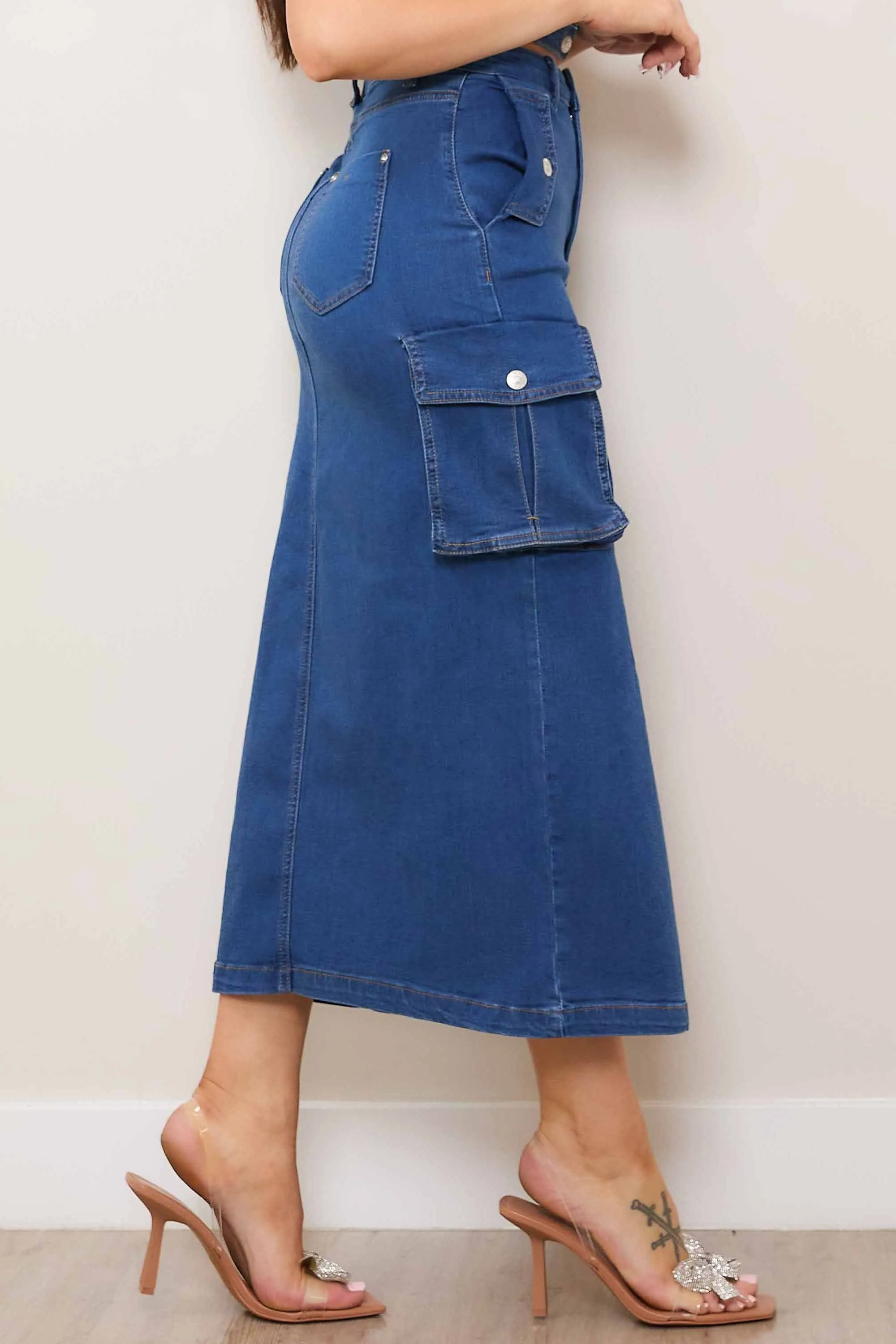Denim Cargo Column Skirt