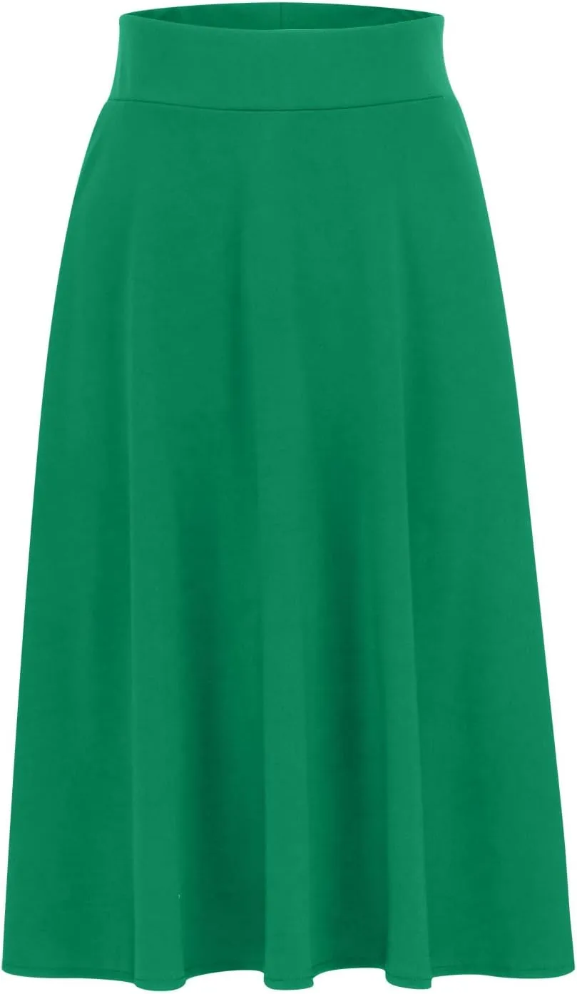 Dressy Office Midi Skirt for Women Solid Baggy Pull On Knee Length Skirts Flowy High Waist Ruffle Flared Skirts