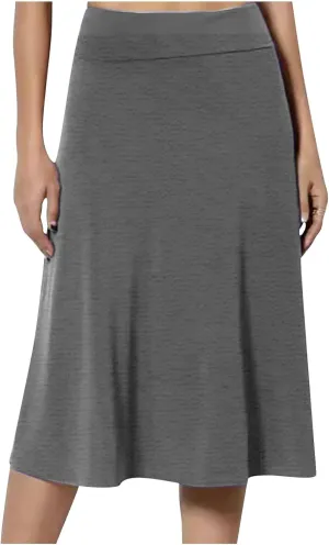 Dressy Office Midi Skirt for Women Solid Baggy Pull On Knee Length Skirts Flowy High Waist Ruffle Flared Skirts