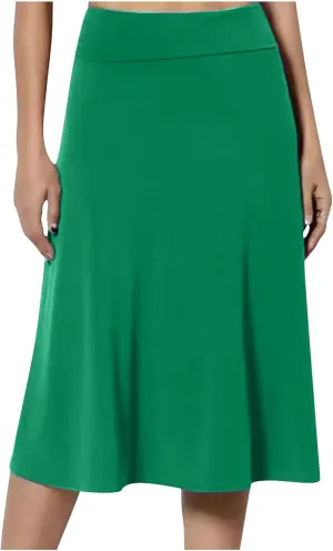 Dressy Office Midi Skirt for Women Solid Baggy Pull On Knee Length Skirts Flowy High Waist Ruffle Flared Skirts