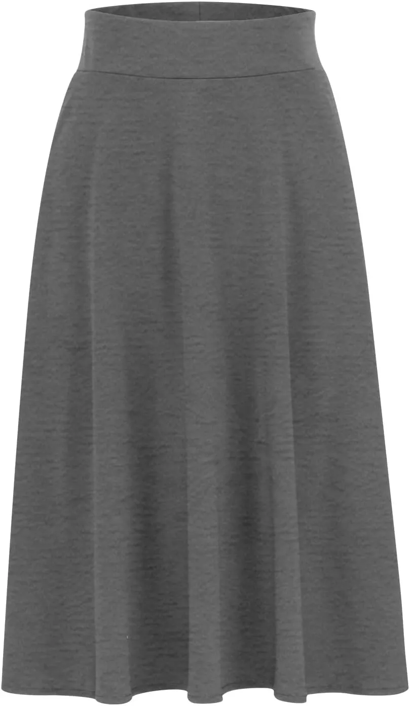 Dressy Office Midi Skirt for Women Solid Baggy Pull On Knee Length Skirts Flowy High Waist Ruffle Flared Skirts