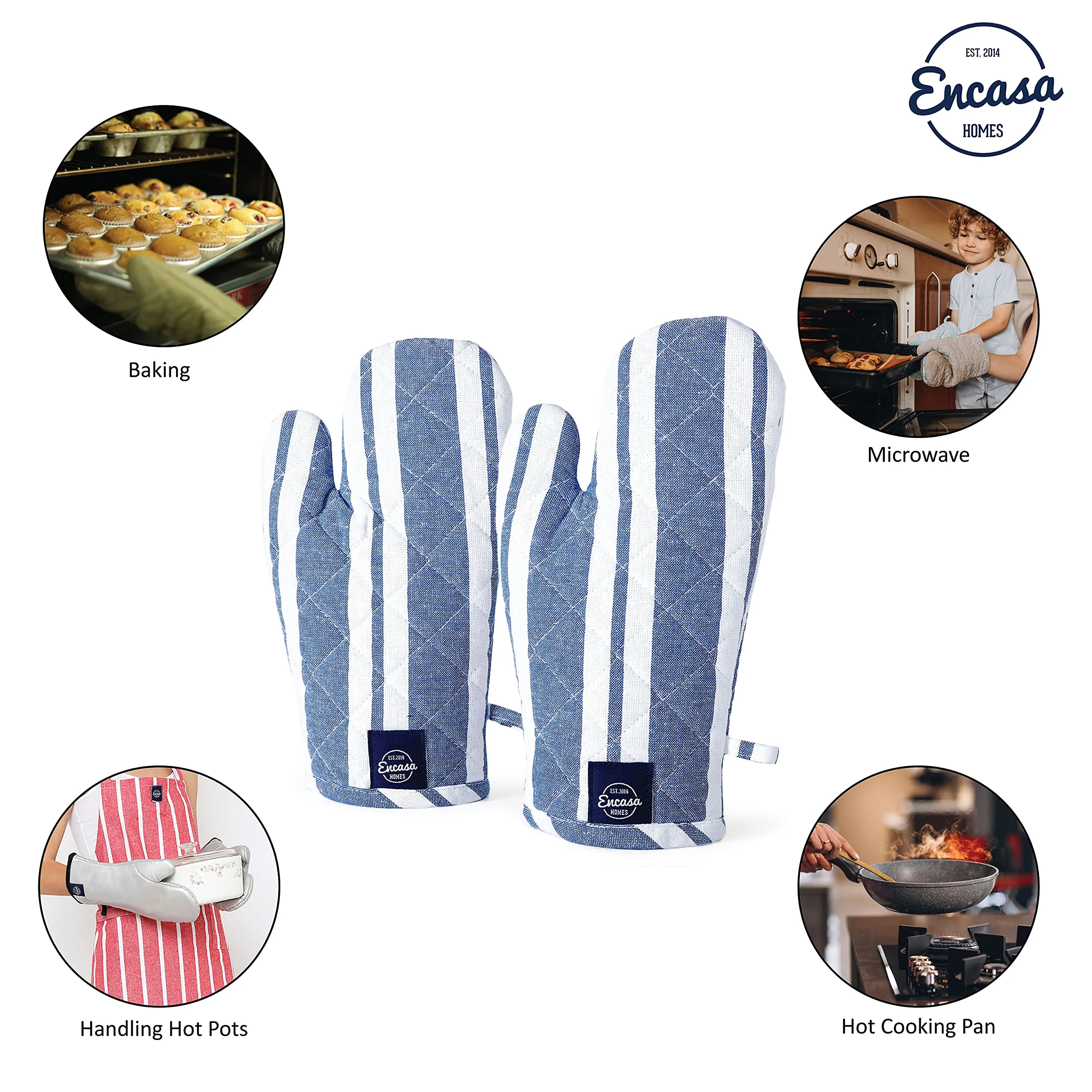 Encasa Oven Gloves for Microwave (2 pc Set) - Heat Proof, Thick & Safe | Longer 18x30 cm Mittens for Protection in Kitchen Cooking & Baking - Franca Blue Stripes