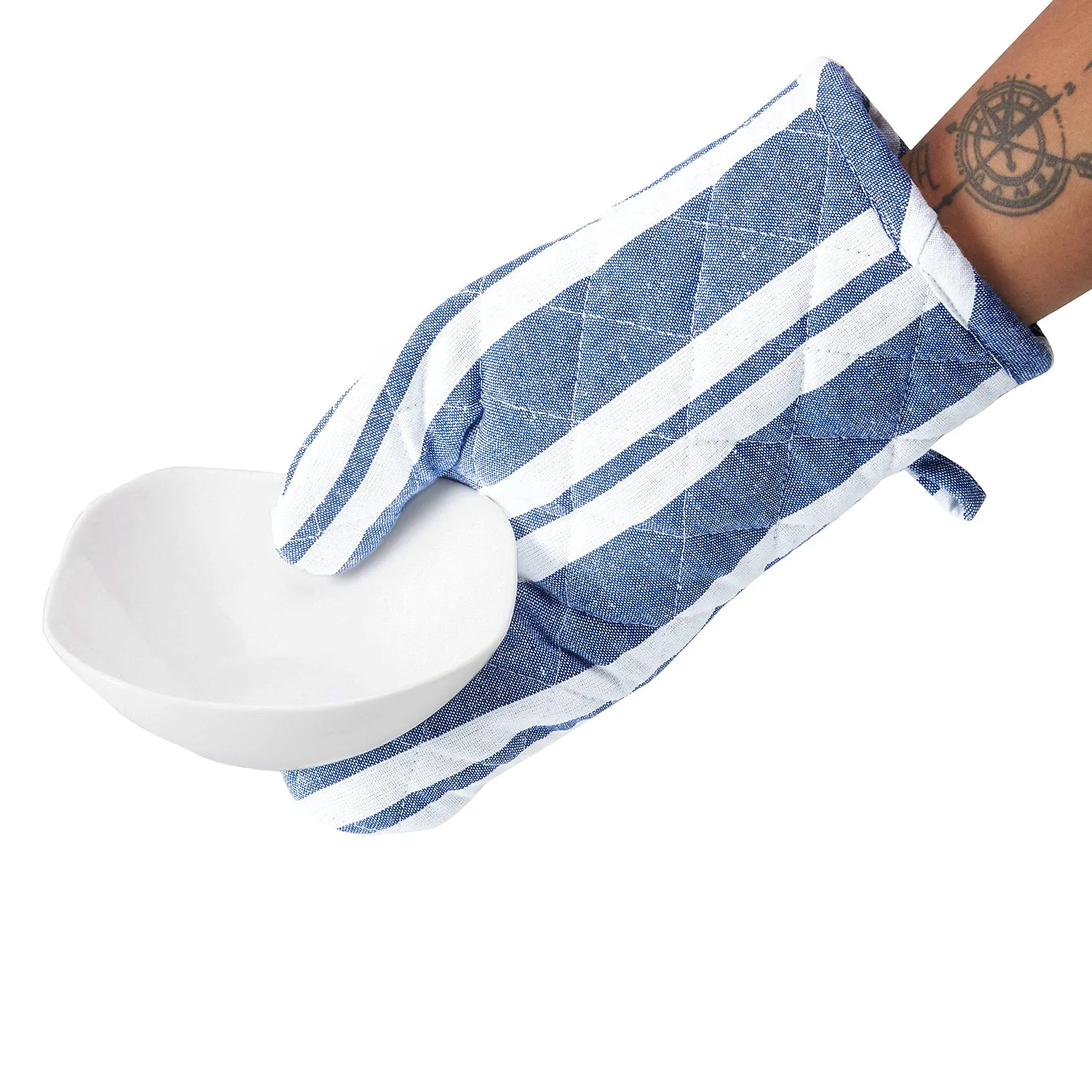 Encasa Oven Gloves for Microwave (2 pc Set) - Heat Proof, Thick & Safe | Longer 18x30 cm Mittens for Protection in Kitchen Cooking & Baking - Franca Blue Stripes