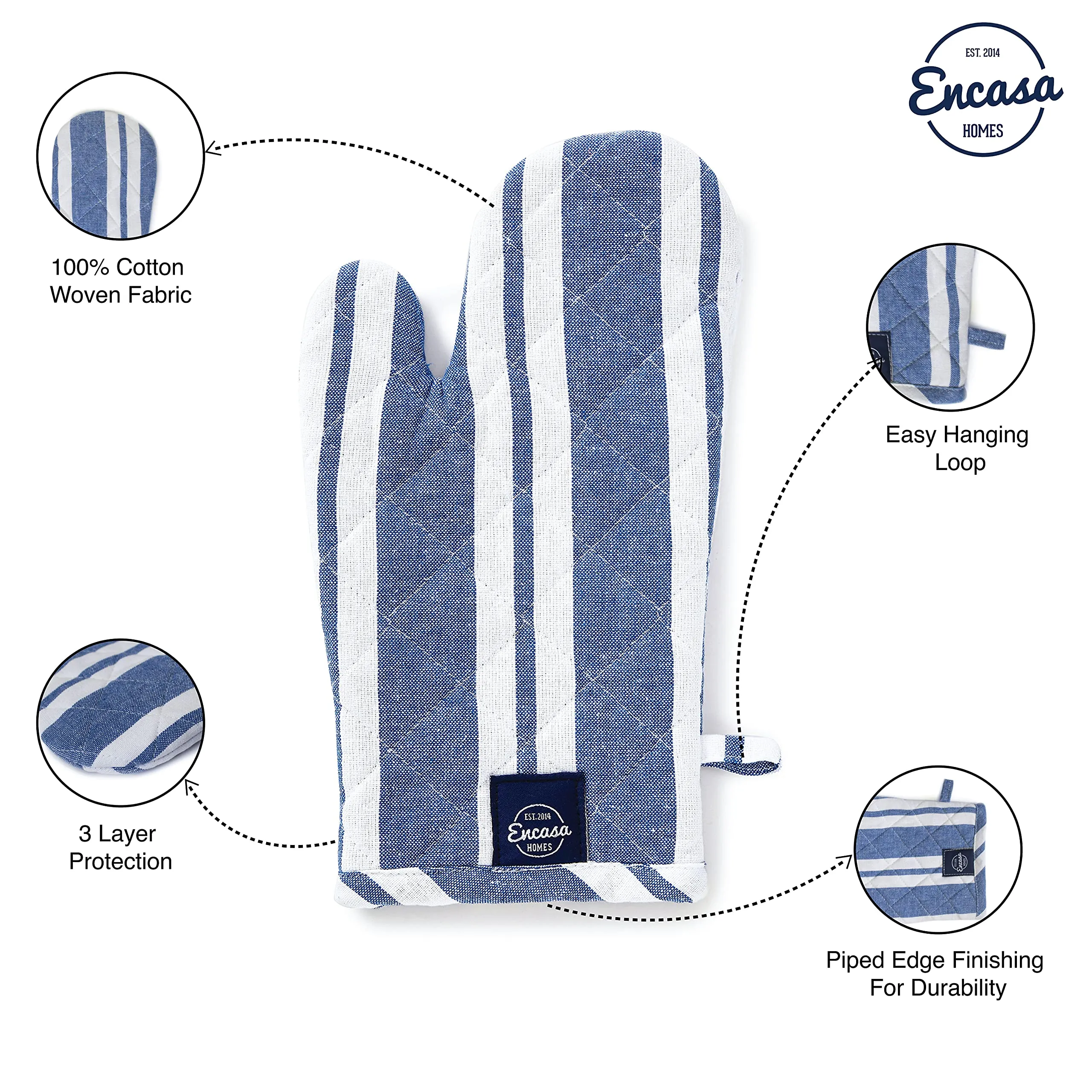 Encasa Oven Gloves for Microwave (2 pc Set) - Heat Proof, Thick & Safe | Longer 18x30 cm Mittens for Protection in Kitchen Cooking & Baking - Franca Blue Stripes