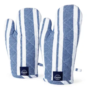 Encasa Oven Gloves for Microwave (2 pc Set) - Heat Proof, Thick & Safe | Longer 18x30 cm Mittens for Protection in Kitchen Cooking & Baking - Franca Blue Stripes