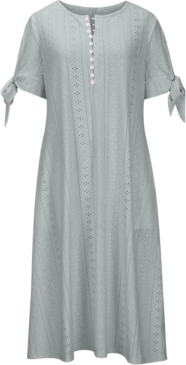 Eyelet Dress for Women 2025 Trendy Short Sleeve Eyelet Maxi Long Dress Casual Summer Beach Vacation Sundress