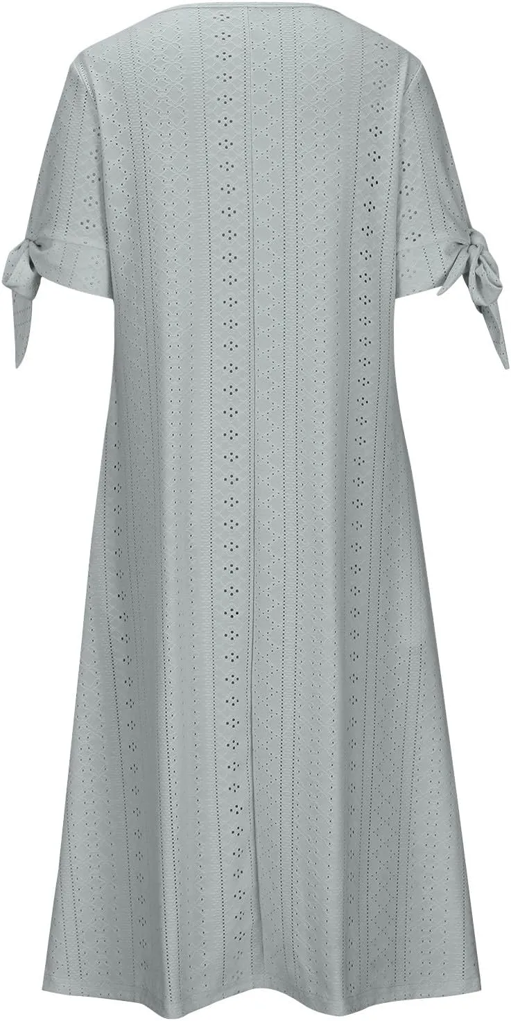 Eyelet Dress for Women 2025 Trendy Short Sleeve Eyelet Maxi Long Dress Casual Summer Beach Vacation Sundress
