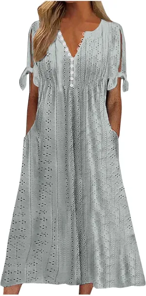 Eyelet Dress for Women 2025 Trendy Short Sleeve Eyelet Maxi Long Dress Casual Summer Beach Vacation Sundress