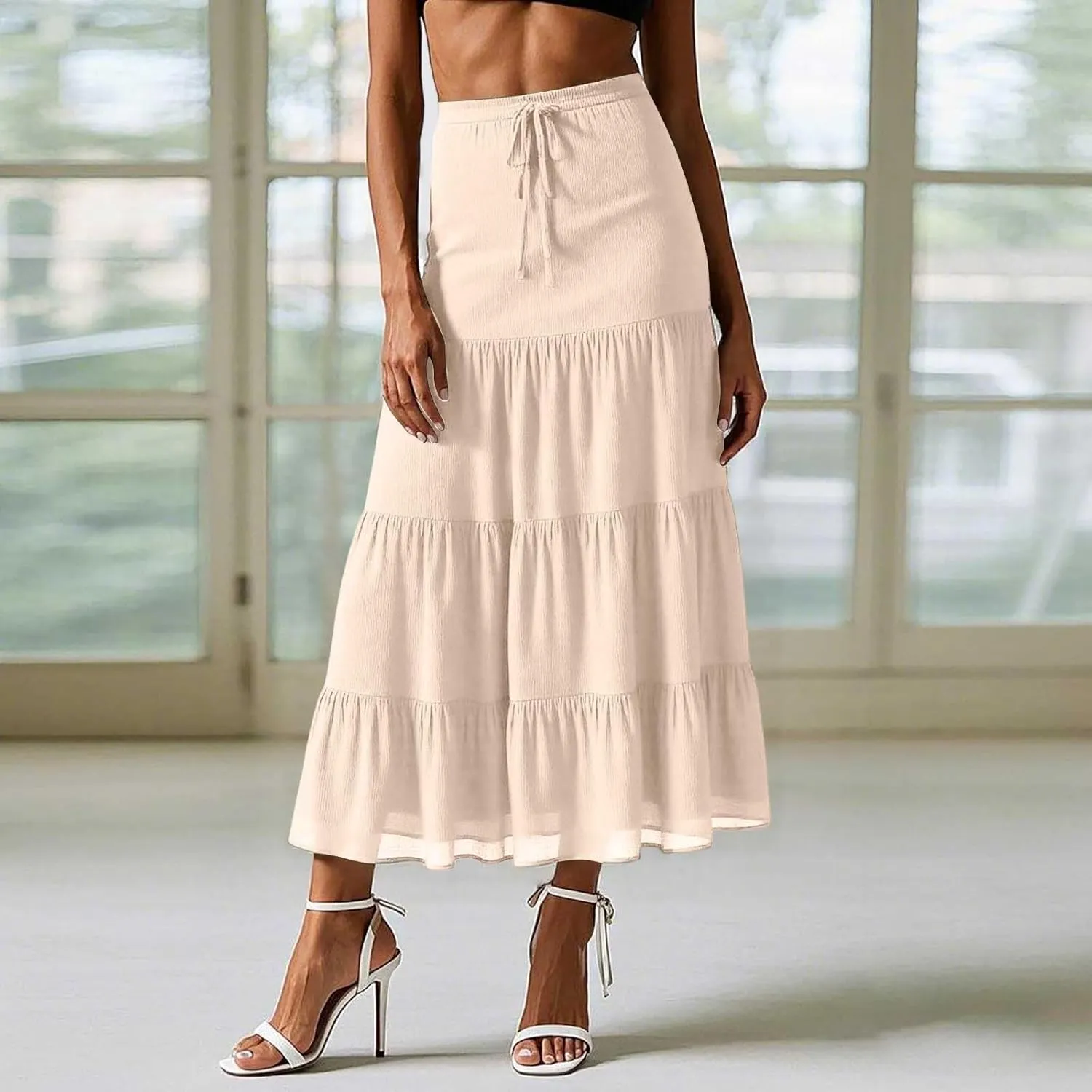 Floral Maxi Skirts for Women Flowy Boho Pleated A-Line Summer Beach Elastic Waist Splicing Swing Long Skirts