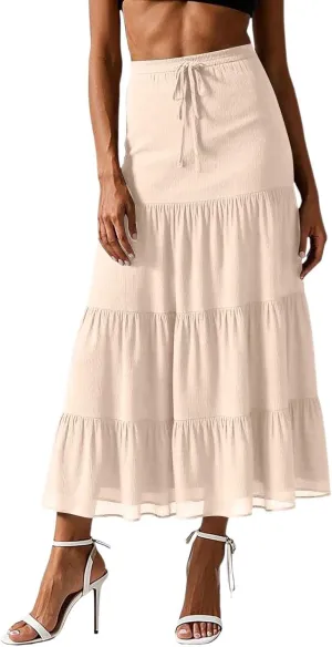Floral Maxi Skirts for Women Flowy Boho Pleated A-Line Summer Beach Elastic Waist Splicing Swing Long Skirts