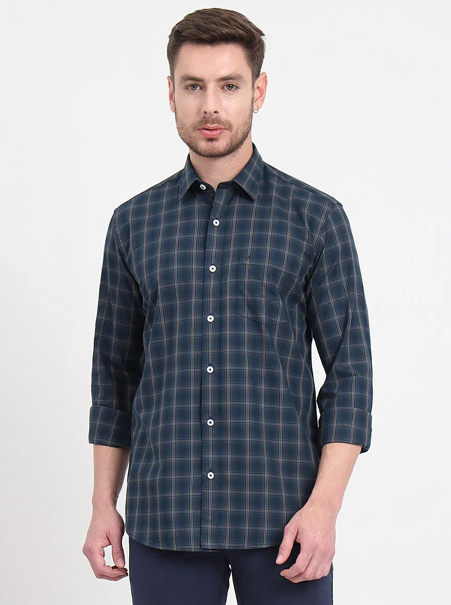 Green Checked Regular Fit Semi Casual Shirt | JadeBlue