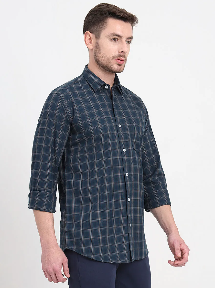 Green Checked Regular Fit Semi Casual Shirt | JadeBlue