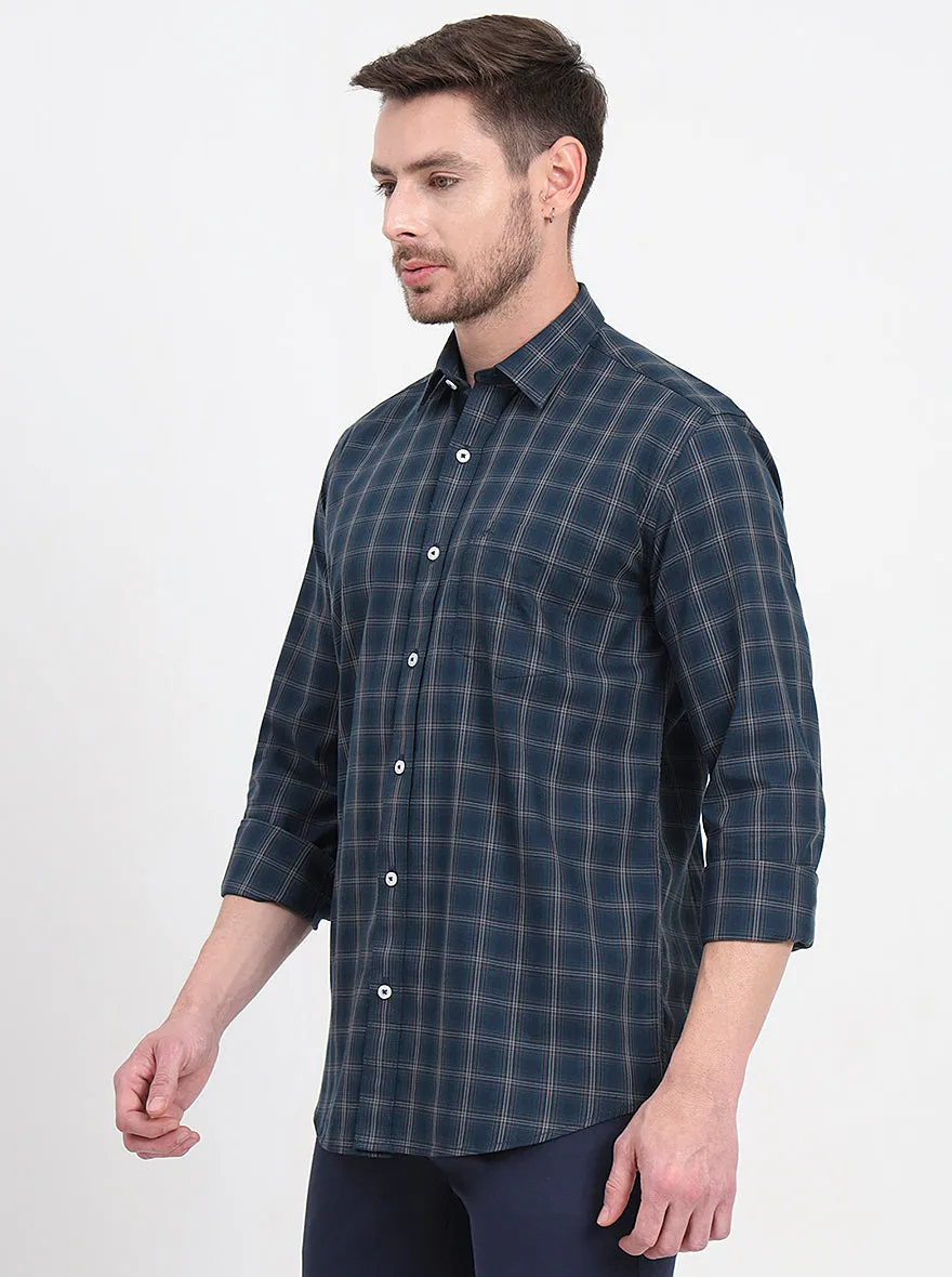 Green Checked Regular Fit Semi Casual Shirt | JadeBlue