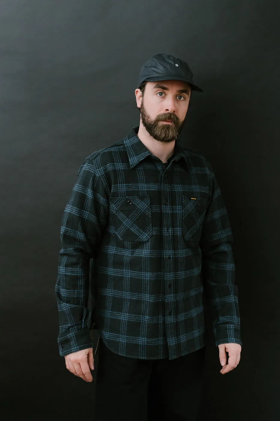 IHSH-408-BLK - 12oz Slubby Heavy Flannel Check Work Shirt - Black