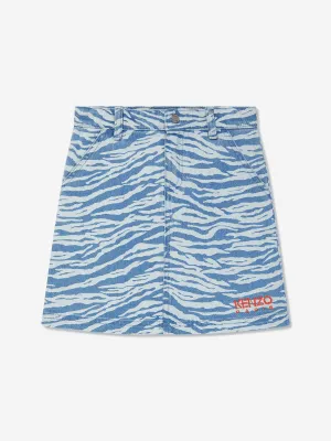KENZO Girls Tiger Striped Denim Skirt In Blue