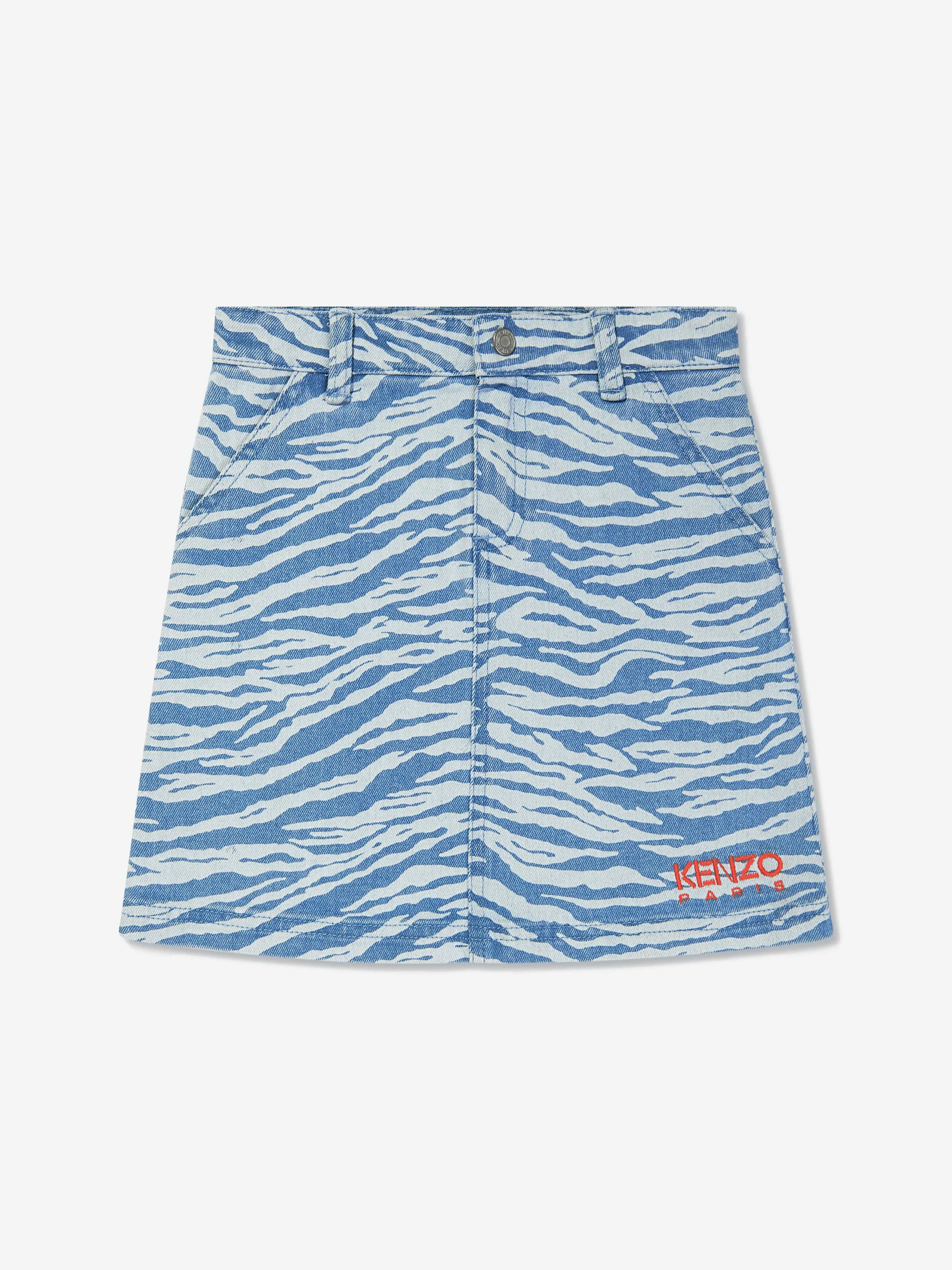 KENZO Girls Tiger Striped Denim Skirt In Blue