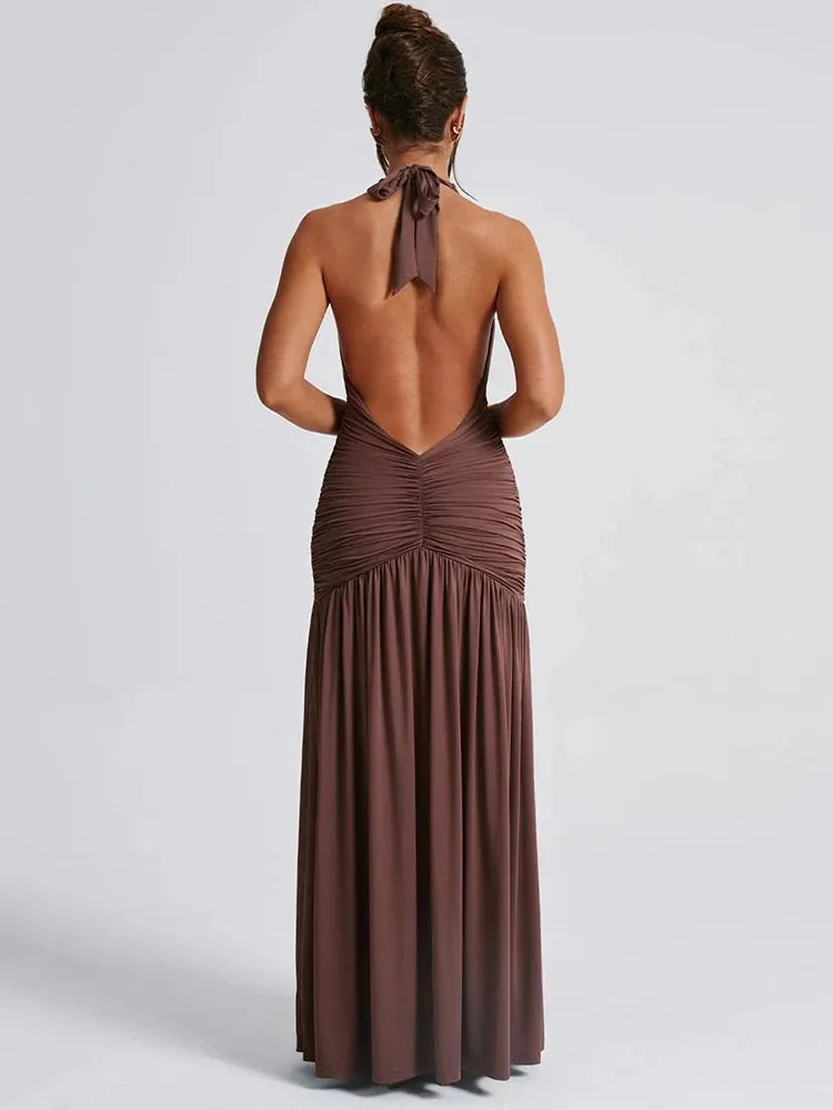 Plunge Ruched Halter Maxi Dress with High Slit