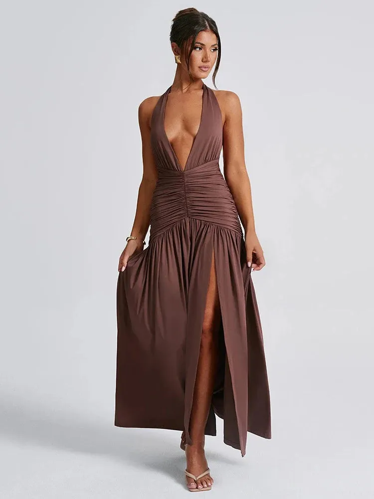 Plunge Ruched Halter Maxi Dress with High Slit