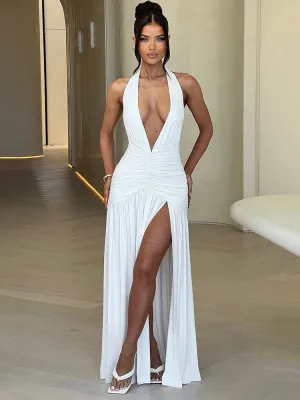 Plunge Ruched Halter Maxi Dress with High Slit