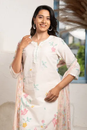 PRINTED IVORY COTTON SUIT SET WITH CHIFFON DUPATTA