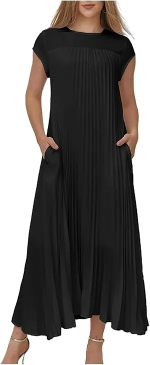 PTOLOCIF Women's Round Neck Sleeveless Pleated Long Dress Dresses for Women Over 50