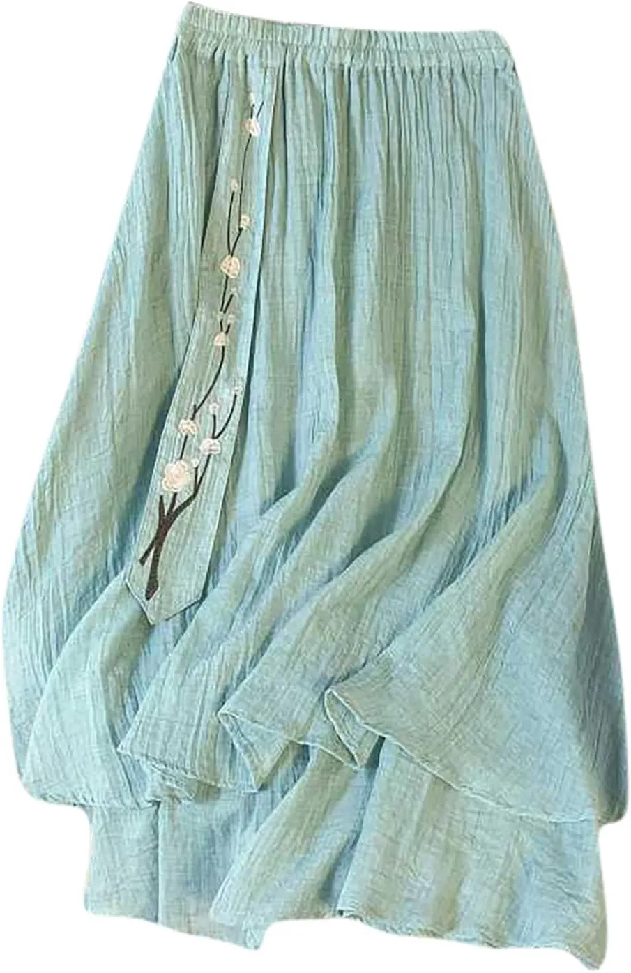 Retro Embroidery Midi Skirt for Women Lightweight Double Layer Cotton Linen Skirts Flowy Ruffle Hem Swing Skirt
