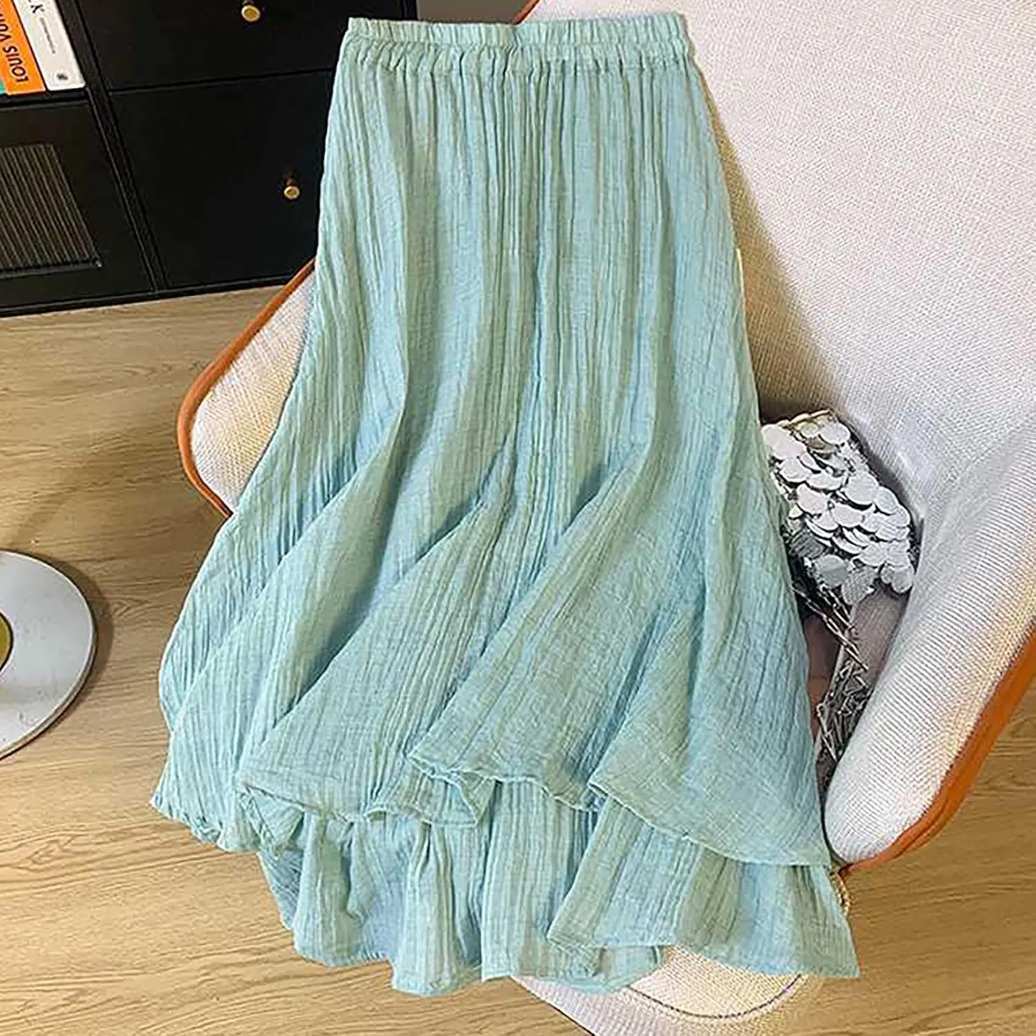 Retro Embroidery Midi Skirt for Women Lightweight Double Layer Cotton Linen Skirts Flowy Ruffle Hem Swing Skirt