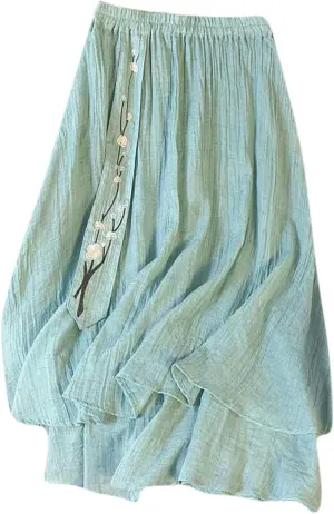 Retro Embroidery Midi Skirt for Women Lightweight Double Layer Cotton Linen Skirts Flowy Ruffle Hem Swing Skirt