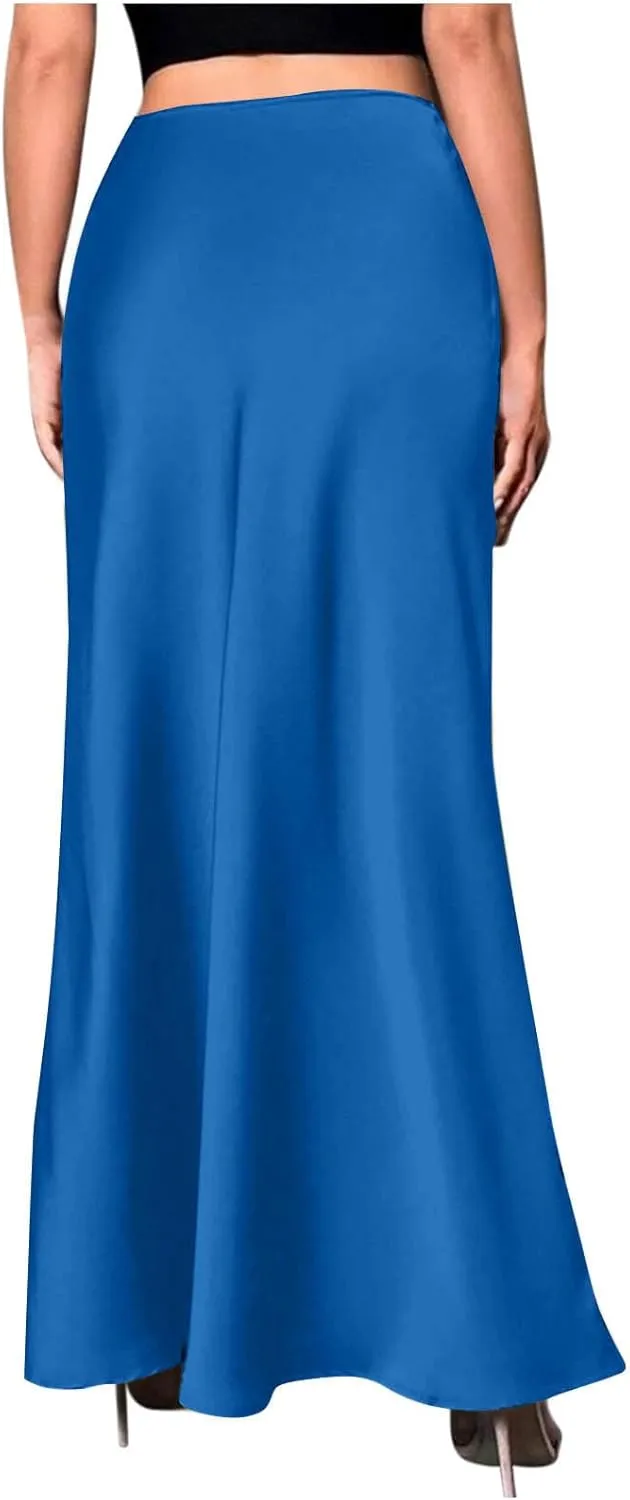 Satin Skirt for Women High Waist A Line Comfy Midi Length Skirt Elegant Cocktail Party Wedding Flared Casual Skirts