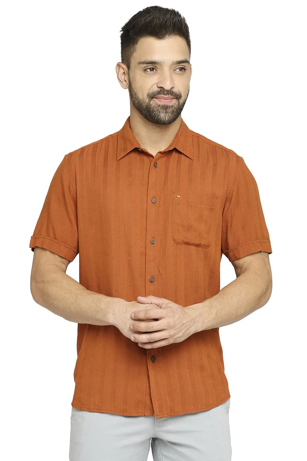 Slim Fit Cotton Viscose Dobby Stripe Halfsleeves Shirt