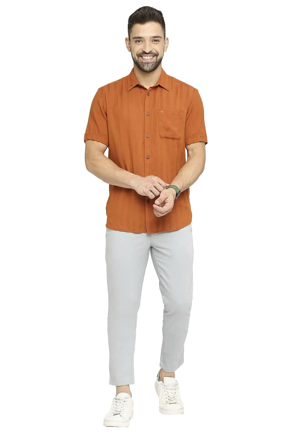 Slim Fit Cotton Viscose Dobby Stripe Halfsleeves Shirt