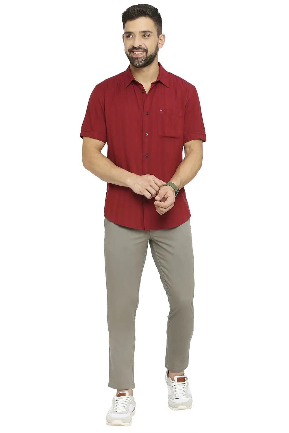 Slim Fit Cotton Viscose Dobby Stripe Halfsleeves Shirt