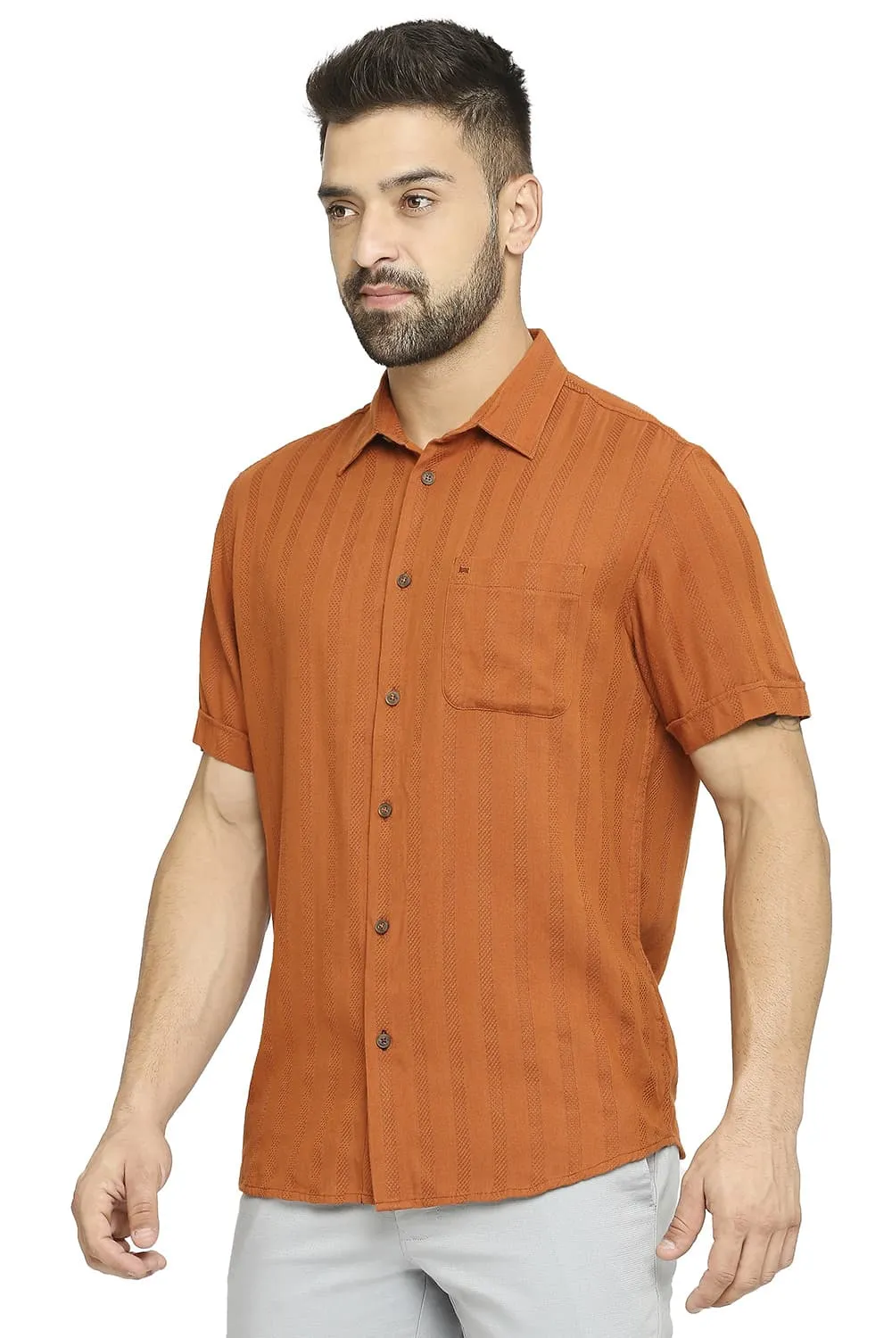 Slim Fit Cotton Viscose Dobby Stripe Halfsleeves Shirt