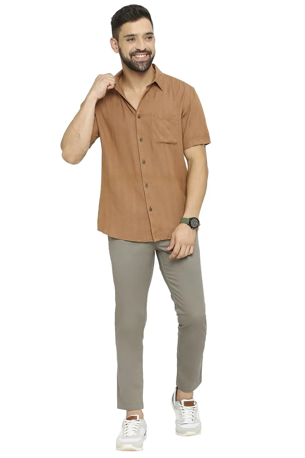 Slim Fit Cotton Viscose Dobby Stripe Halfsleeves Shirt