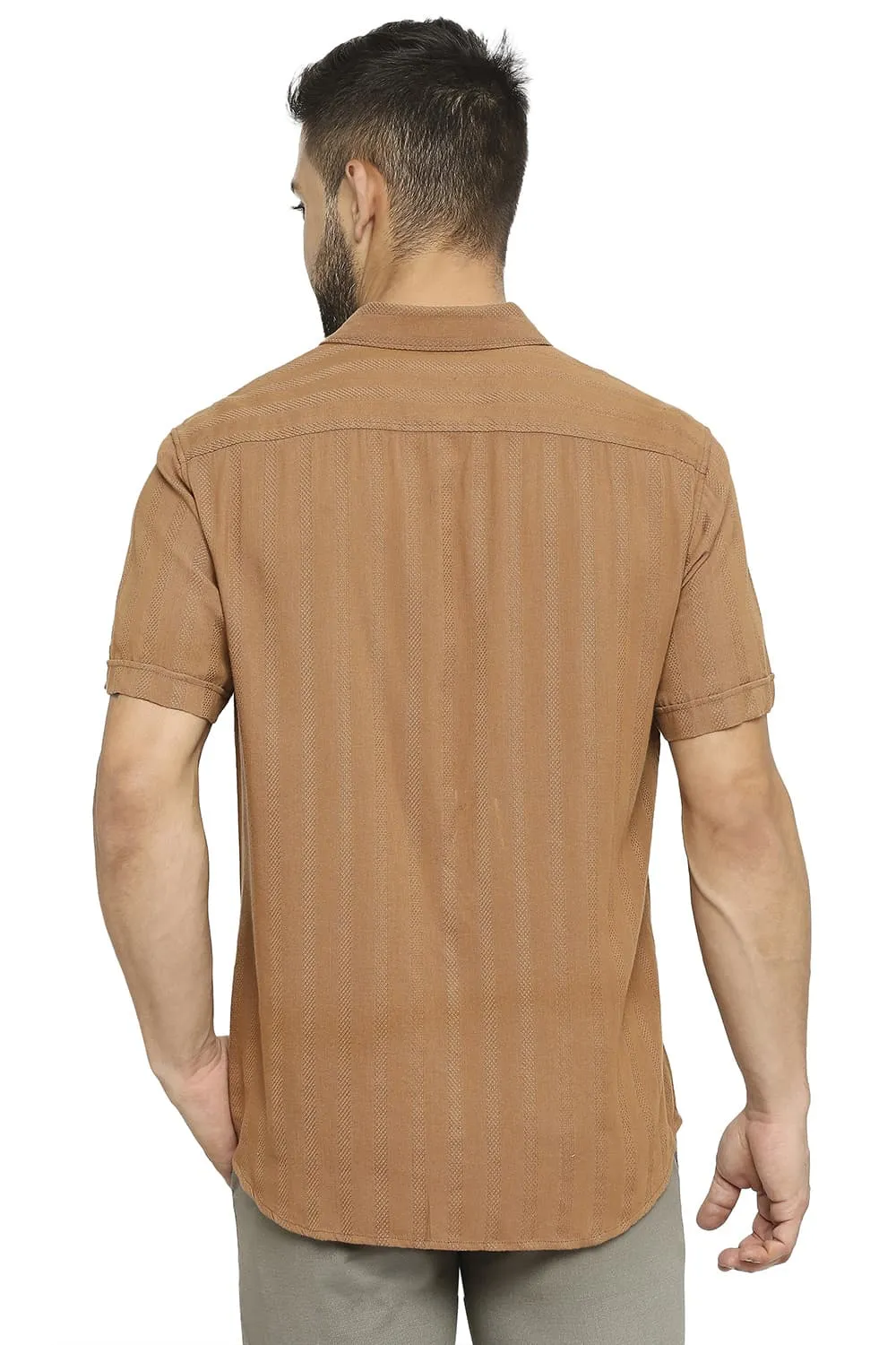 Slim Fit Cotton Viscose Dobby Stripe Halfsleeves Shirt