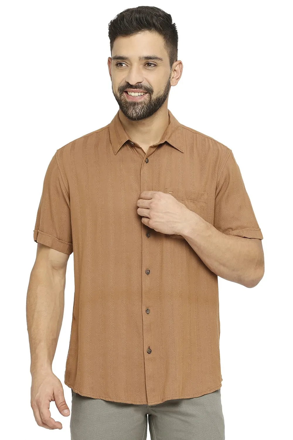 Slim Fit Cotton Viscose Dobby Stripe Halfsleeves Shirt