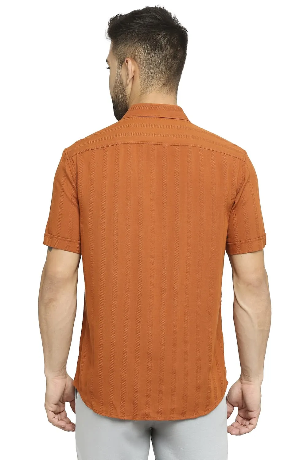 Slim Fit Cotton Viscose Dobby Stripe Halfsleeves Shirt