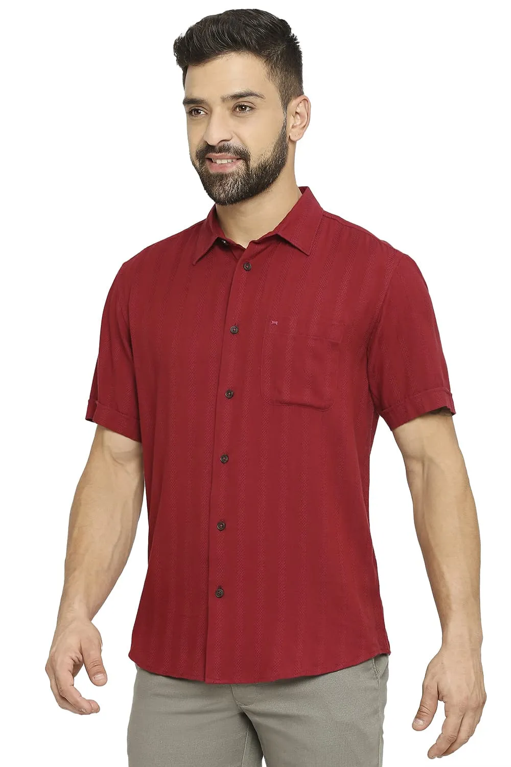 Slim Fit Cotton Viscose Dobby Stripe Halfsleeves Shirt