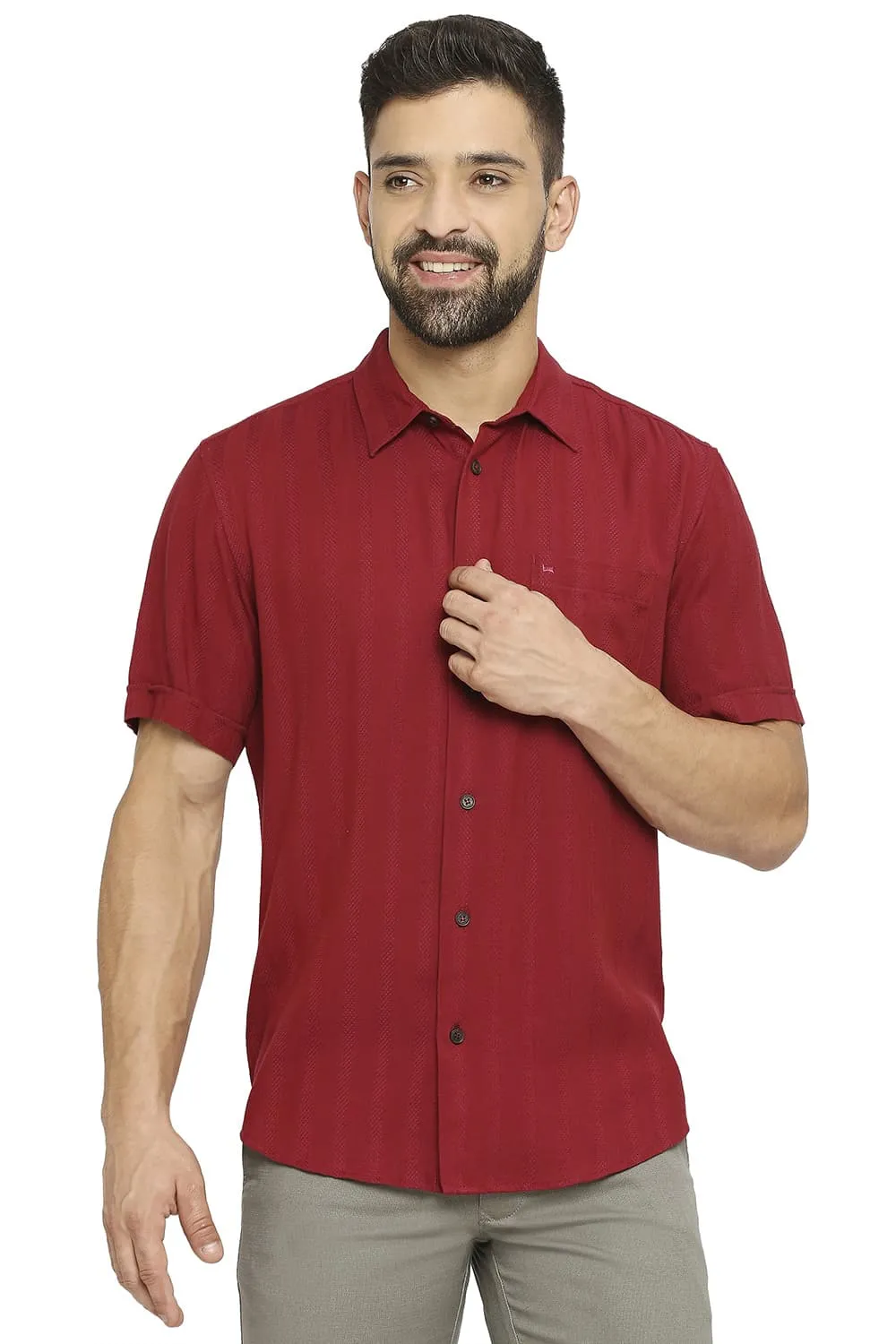 Slim Fit Cotton Viscose Dobby Stripe Halfsleeves Shirt