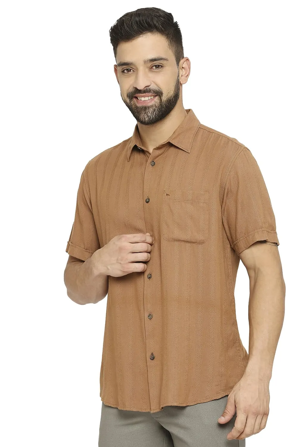 Slim Fit Cotton Viscose Dobby Stripe Halfsleeves Shirt