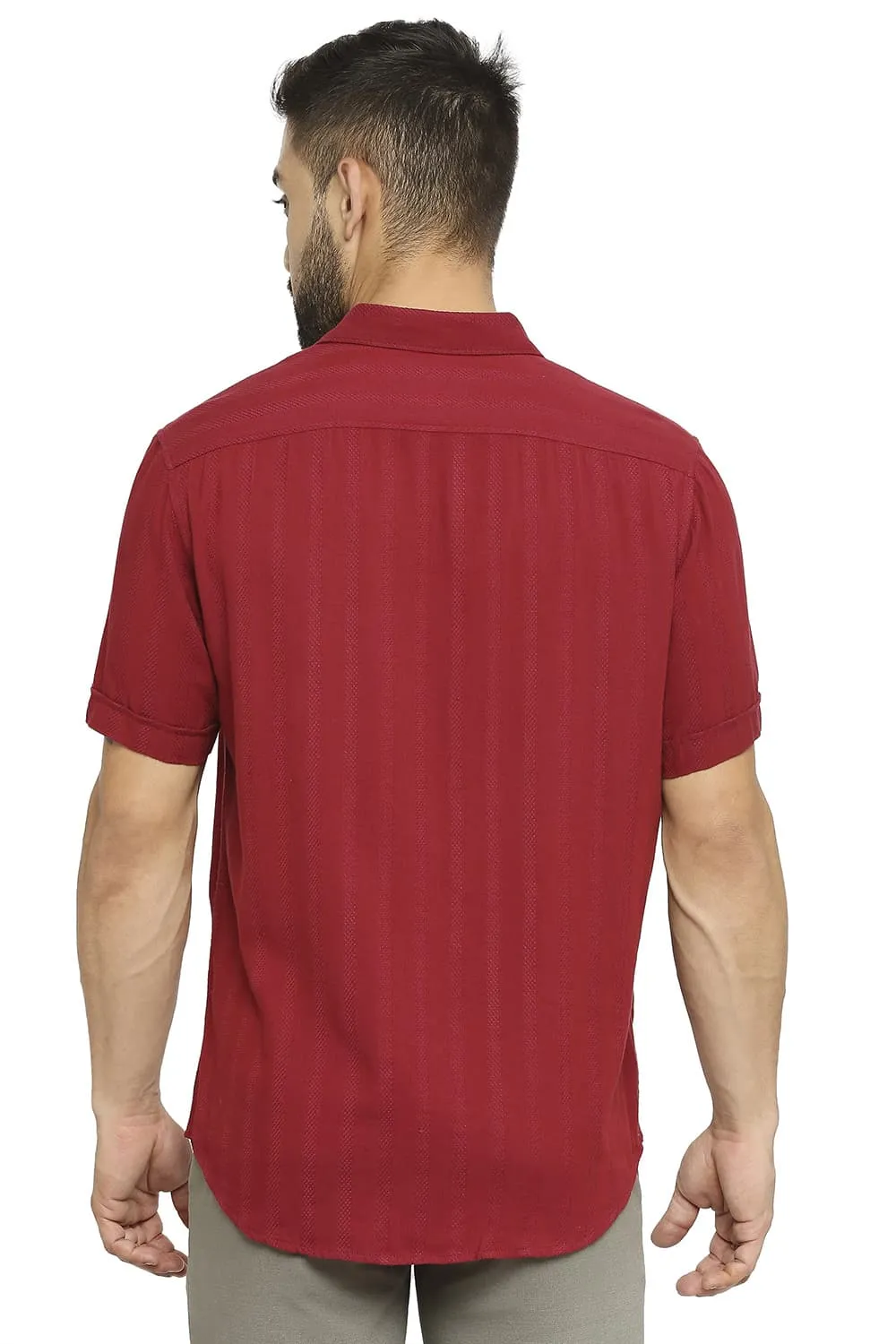 Slim Fit Cotton Viscose Dobby Stripe Halfsleeves Shirt