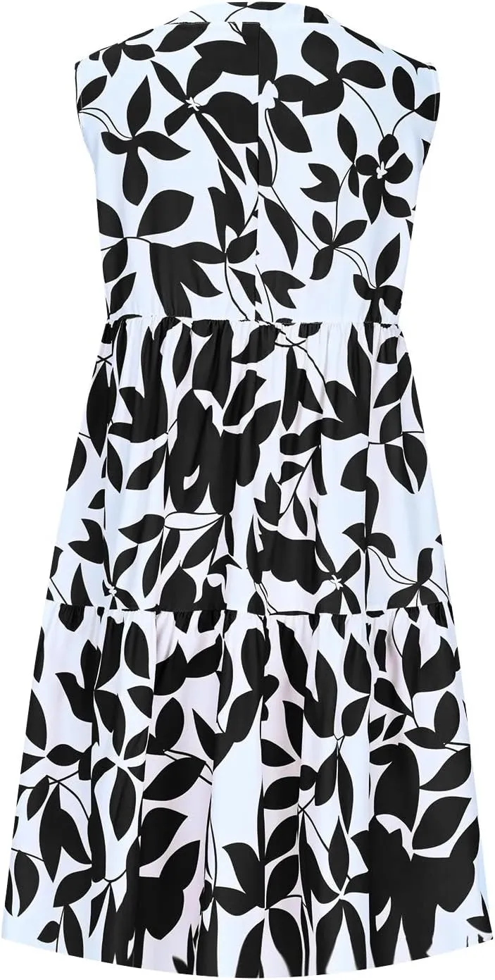 Summer Dress for Women Fashion Floral Print V Neck Loose Flowy Tiered Shirt Mini Dress Boho Pleated Short Sundress