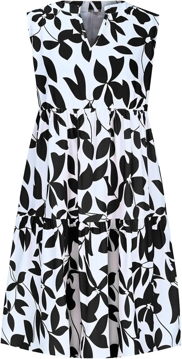 Summer Dress for Women Fashion Floral Print V Neck Loose Flowy Tiered Shirt Mini Dress Boho Pleated Short Sundress