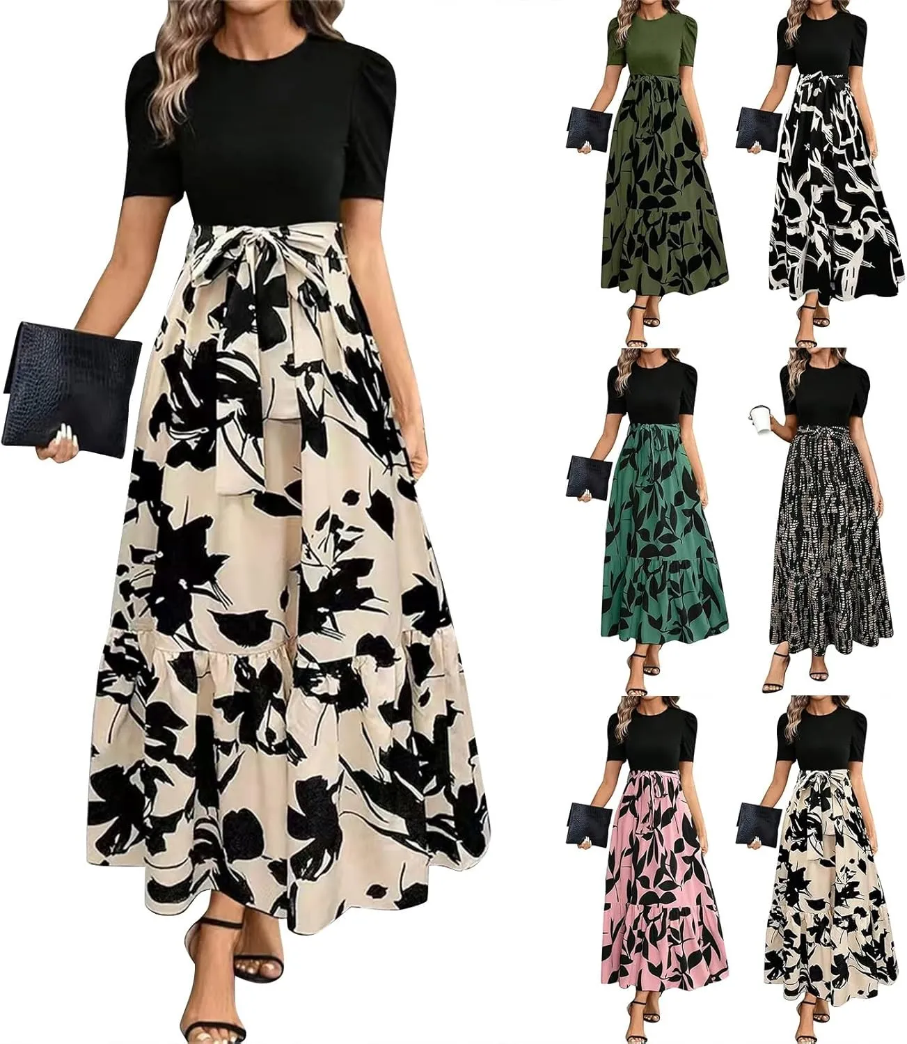 Summer Dresses for Women 2025 Puff Sleeve Empire Waist Flower Maxi Dress Elegant Tiered Long Dressy A Line Dress