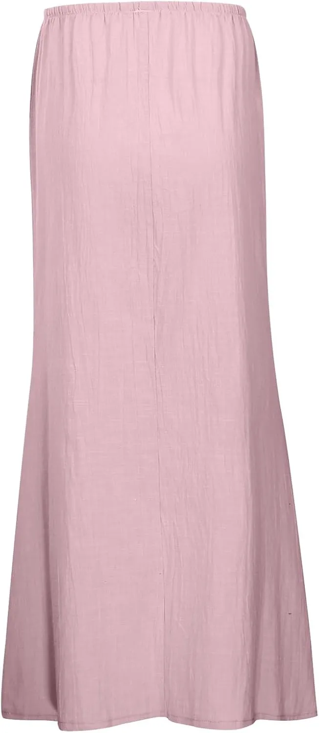 Summer Linen Maxi Skirts for Women Boho Beach Vacation Drawstring Low Waist A Line Skirt Flowy Long Cover Ups