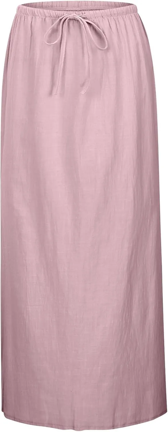 Summer Linen Maxi Skirts for Women Boho Beach Vacation Drawstring Low Waist A Line Skirt Flowy Long Cover Ups