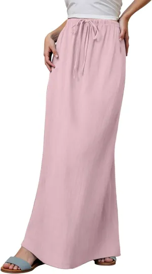 Summer Linen Maxi Skirts for Women Boho Beach Vacation Drawstring Low Waist A Line Skirt Flowy Long Cover Ups