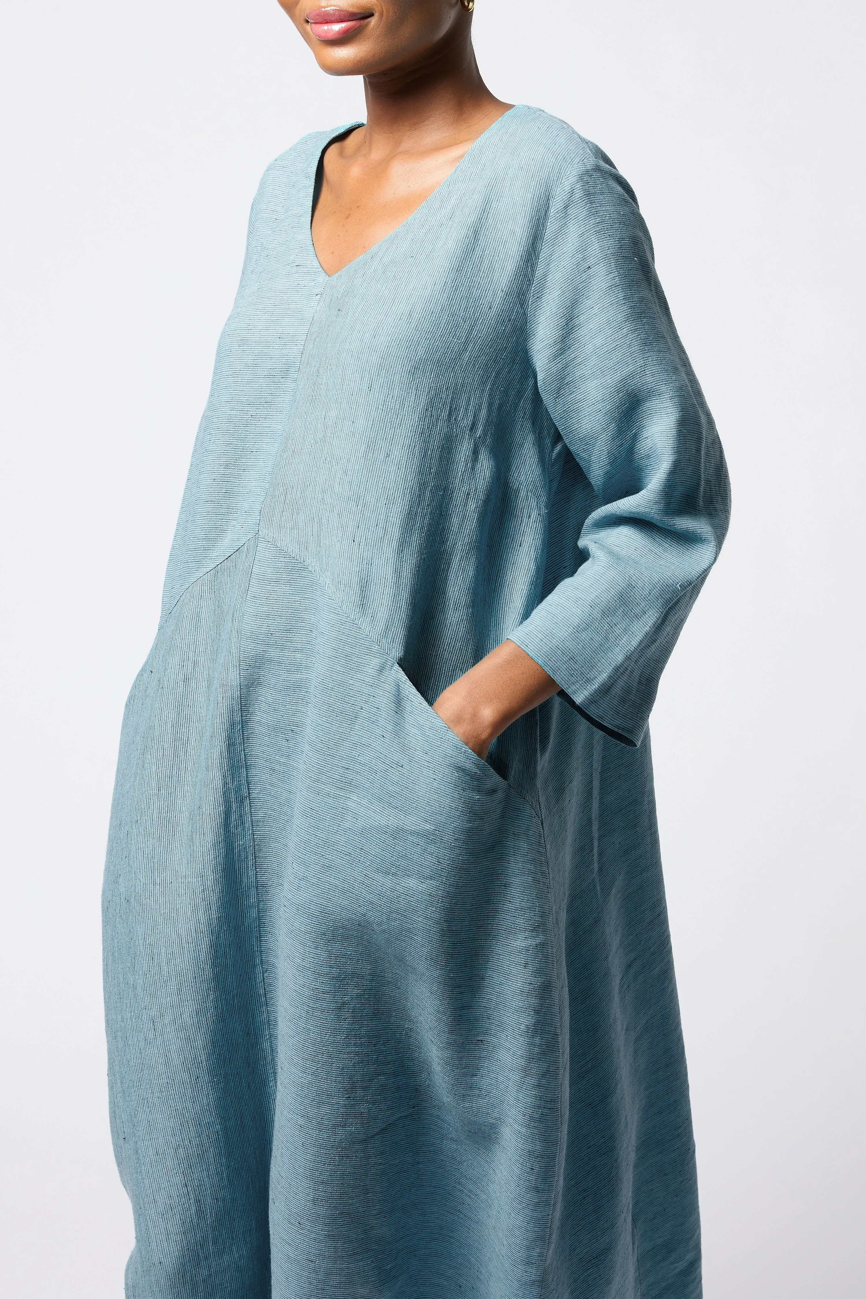 Ticking Stripe Linen Bubble Dress - Teal/Night