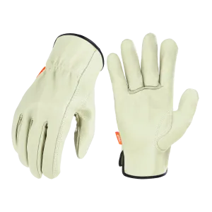 VGO 1/3 Pairs Unlined Men's Pigskin Leather Work Gloves, Drivers Gloves (White, PA9501)